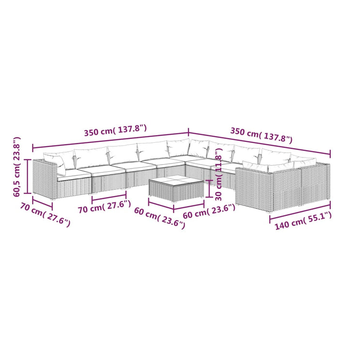 Set Divani da Giardino 11 pz con Cuscini in Polyrattan Nero 3102801