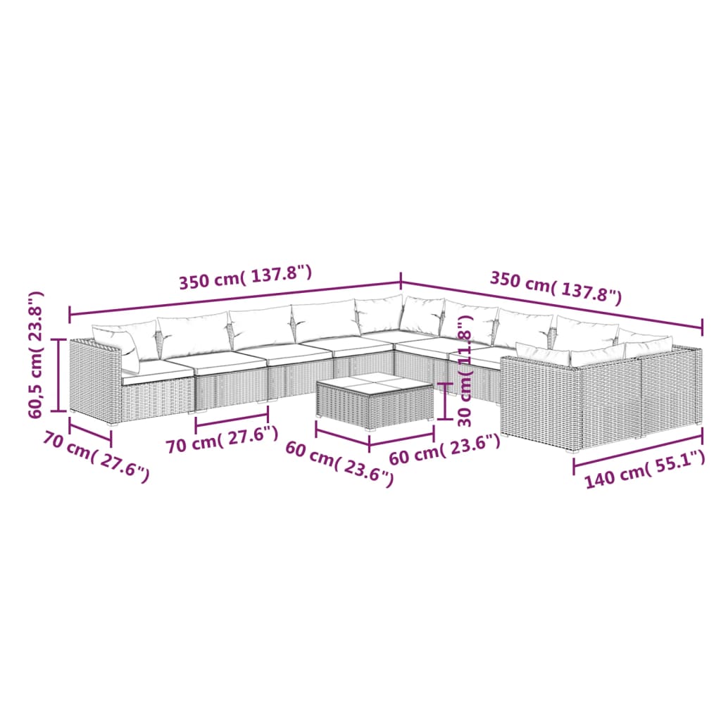 Set Divani da Giardino 11 pz con Cuscini in Polyrattan Grigio cod mxl 44863