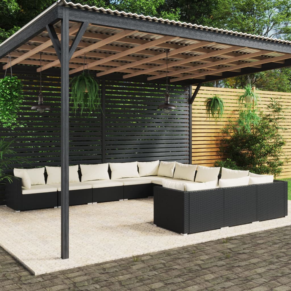 Set Divani da Giardino 11 pz con Cuscini in Polyrattan Nero 3102807