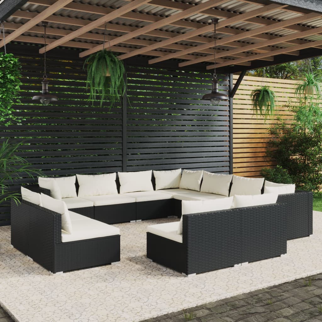 Set Divani da Giardino 11 pz con Cuscini in Polyrattan Nero 3102823