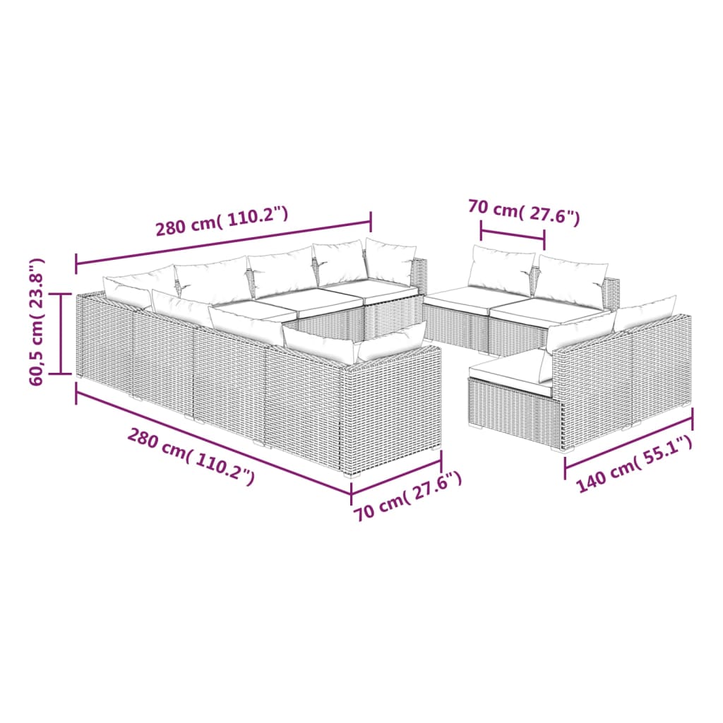 Set Divani da Giardino 11 pz con Cuscini in Polyrattan Grigio 3102830