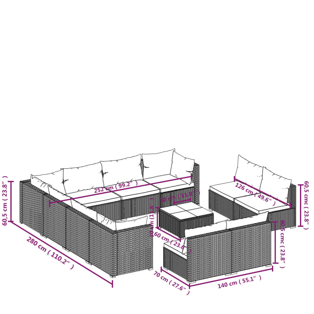 Set Divani da Giardino 12 pz con Cuscini in Polyrattan Nero 3102831