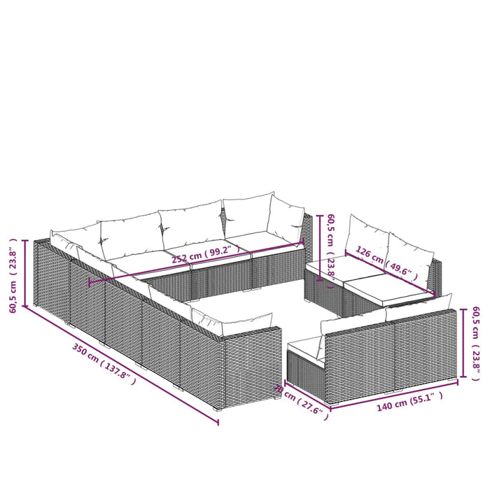 Set Divani da Giardino 12 pz con Cuscini in Polyrattan Grigio 3102845