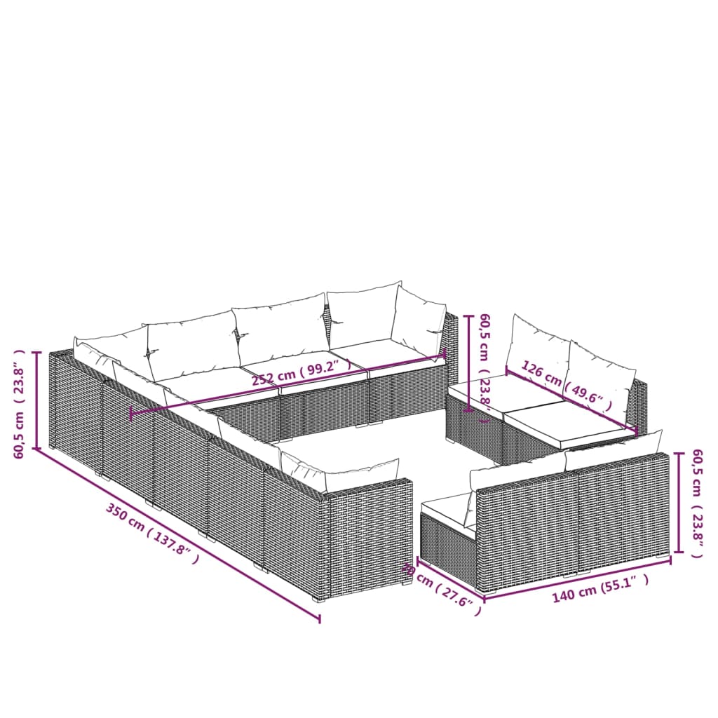 Set Divani da Giardino 12 pz con Cuscini in Polyrattan Grigio cod mxl 34793