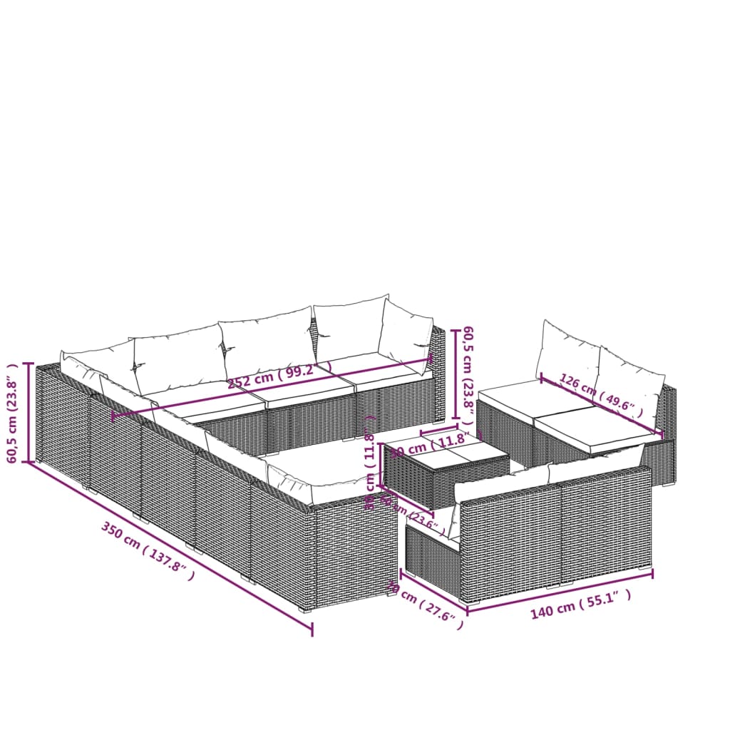 Set Divani da Giardino 13 pz con Cuscini in Polyrattan Nero 3102847