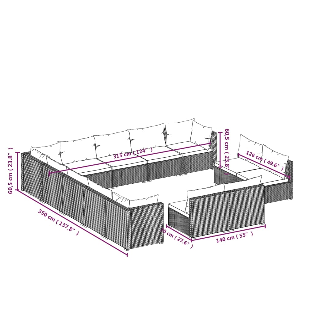 Set Divani da Giardino 13 pz con Cuscini in Polyrattan Nero cod mxl 57076