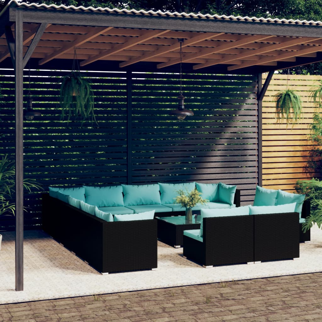 Set Divani da Giardino 14 pz con Cuscini in Polyrattan Nero 3102865