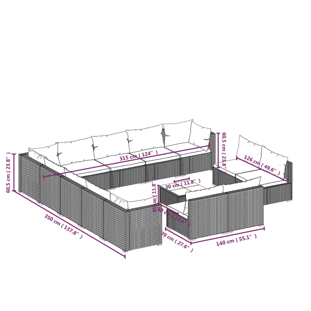 Set Divani da Giardino 14 pz con Cuscini in Polyrattan Marrone 3102866