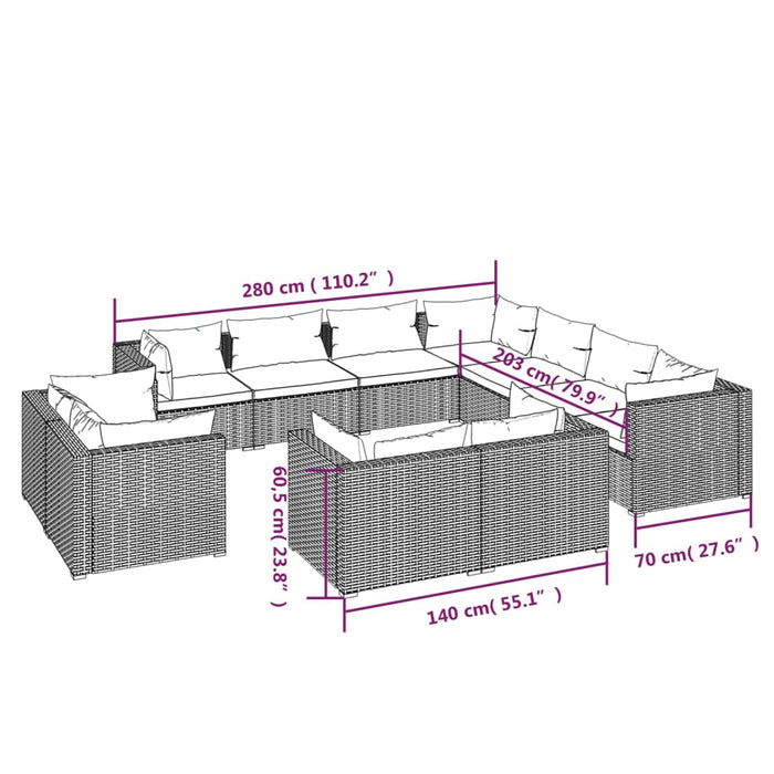 Set Divani da Giardino 11 pz con Cuscini in Polyrattan Nero 3102871