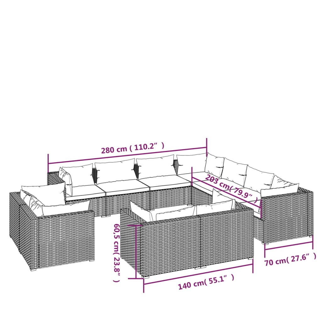 Set Divani da Giardino 11 pz con Cuscini in Polyrattan Marrone 3102874