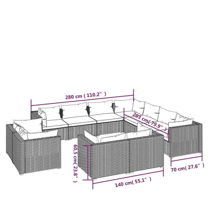 Set Divani da Giardino 11 pz con Cuscini in Polyrattan Marrone 3102874