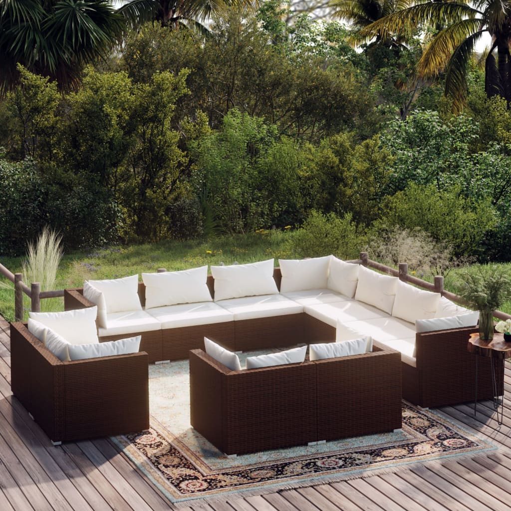 Set Divani da Giardino 11 pz con Cuscini in Polyrattan Marrone 3102874