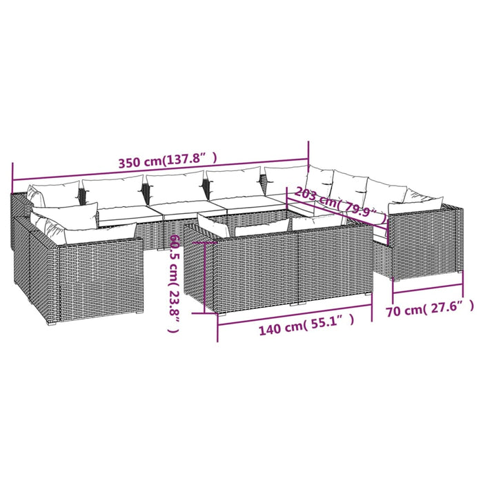 Set Divani da Giardino 12 pz con Cuscini in Polyrattan Nero cod mxl 57082