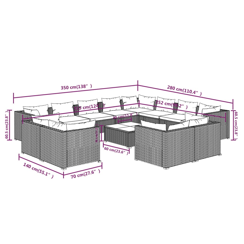 Set Divani da Giardino 13 pz con Cuscini in Polyrattan Marrone 3102898