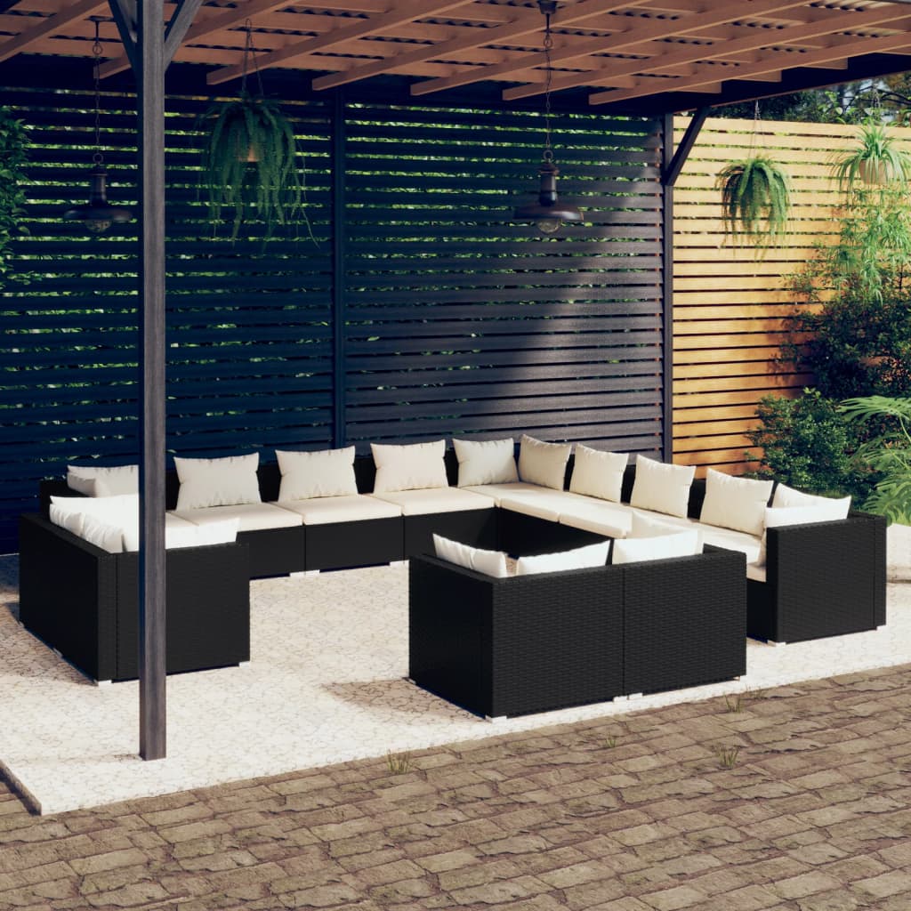 Set Divani da Giardino 13 pz con Cuscini in Polyrattan Nero 3102903