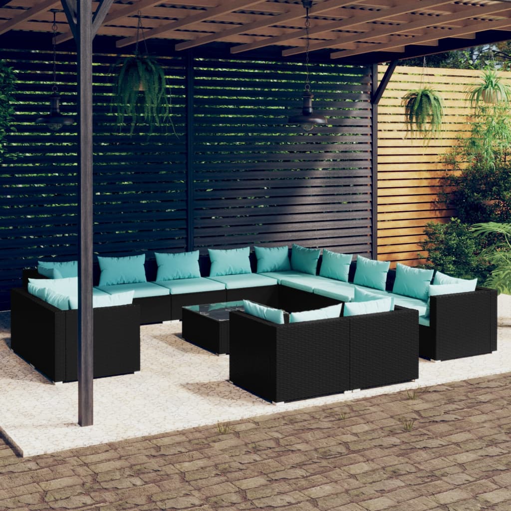 Set Divani da Giardino 14 pz con Cuscini in Polyrattan Nero 3102913