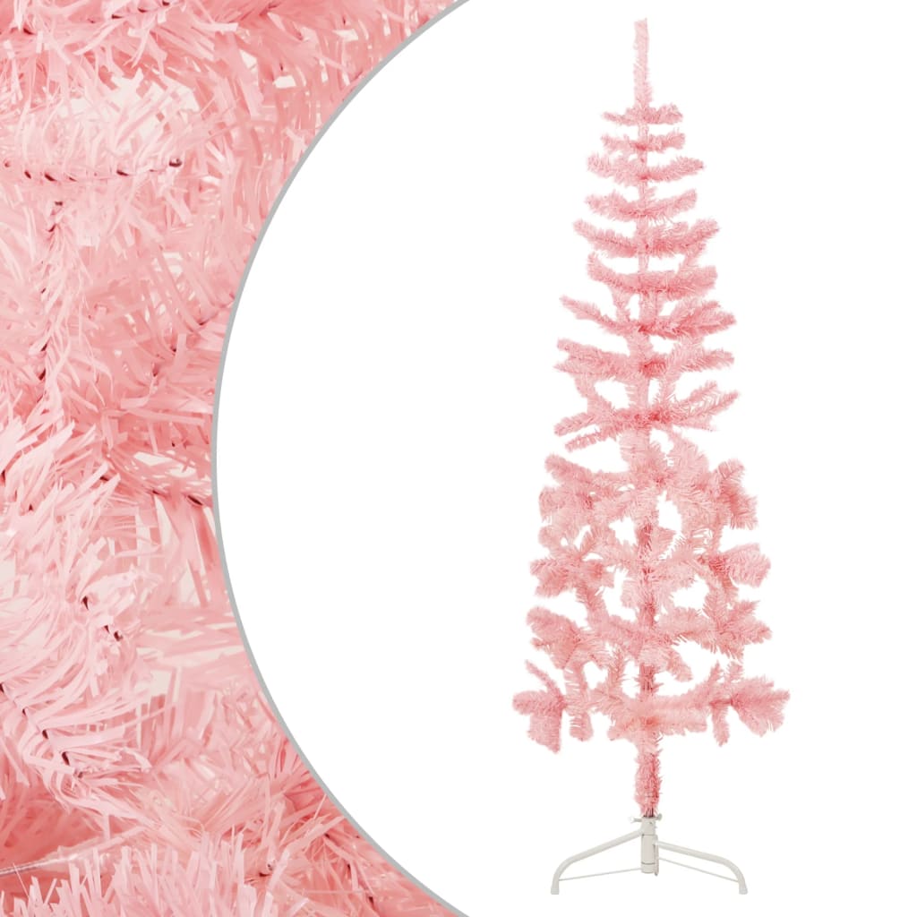 Albero Natale Artificiale Sottile a Metà e Supporto Rosa 180 cm