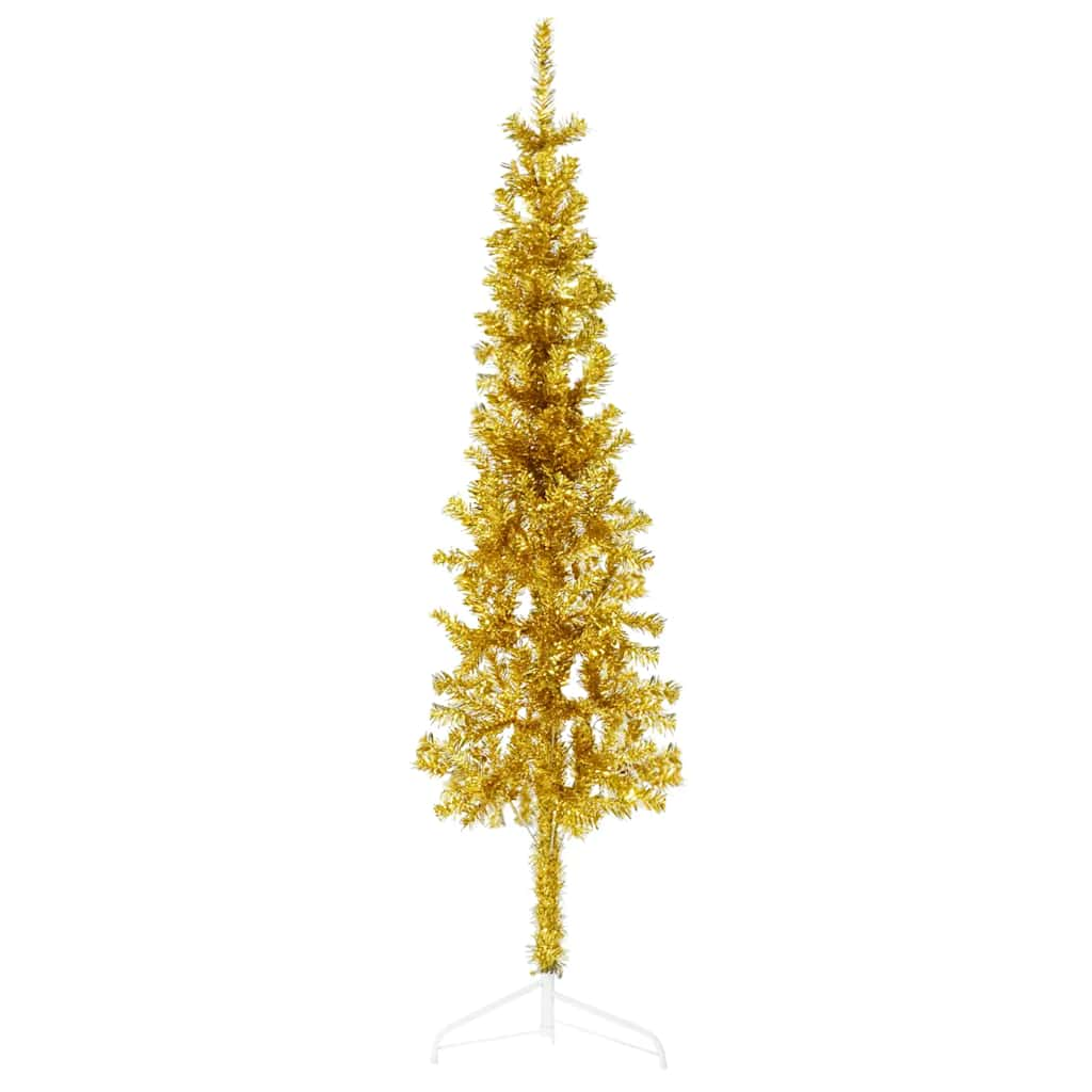 Albero Natale Artificiale Sottile a Metà con Supporto Oro 150cm 344590