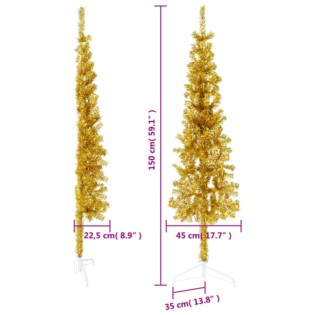 Albero Natale Artificiale Sottile a Metà con Supporto Oro 150cm