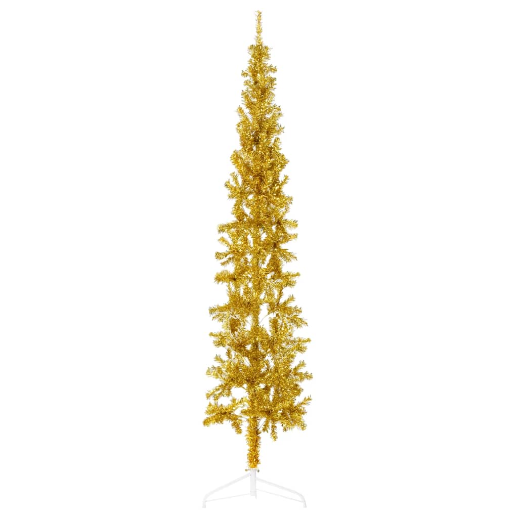 Albero Natale Artificiale Sottile a Metà con Supporto Oro 210cm 344592