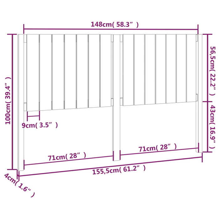 Testiera per Letto Bianca 155,5x4x100 cm Legno Massello di Pino 818876