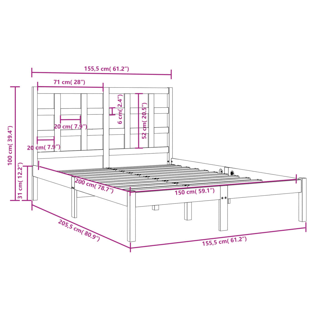 Giroletto Nero in Legno Massello 150x200 cm 5FT King Size 3105479