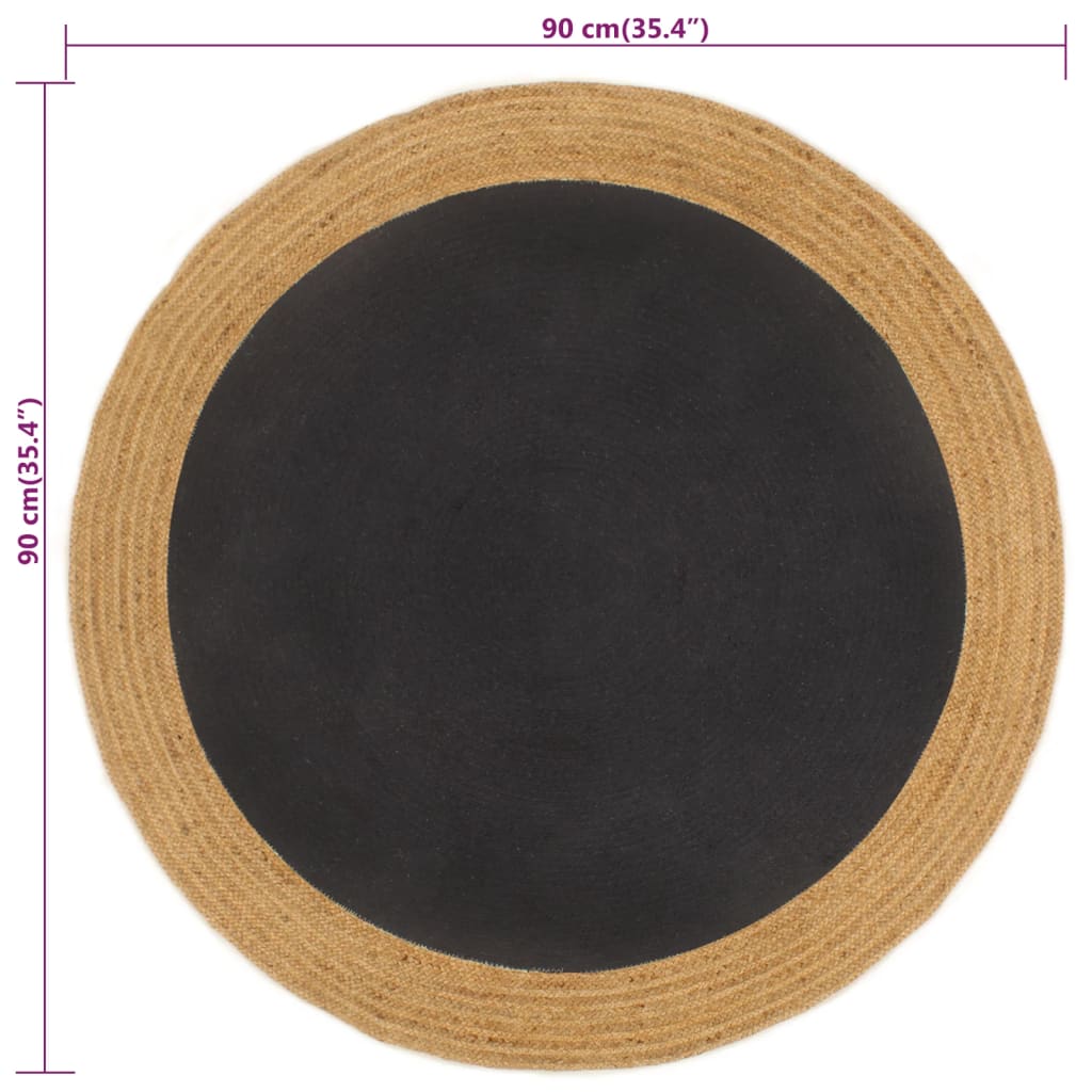 Tappeto Intrecciato Nero e Naturale 90 cm Juta e Cotone Rotondo 344969