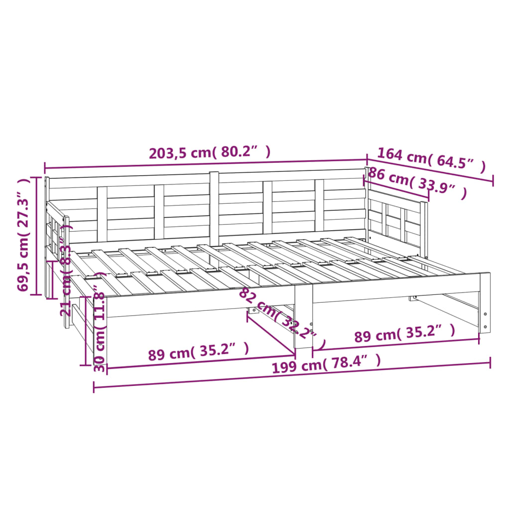 Dormeuse Estraibile Nera in Legno Massello di Pino 2x(80x200)cm 820381