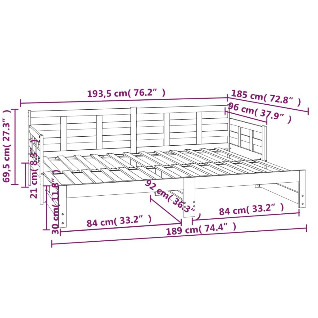 Dormeuse Estraibile Nera in Legno Massello di Pino 2x(90x190)cm 820386