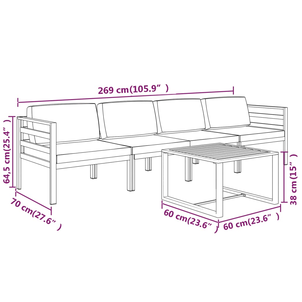 Set Divani da Giardino 5 pz con Cuscini in Alluminio Antracite cod mxl 36924