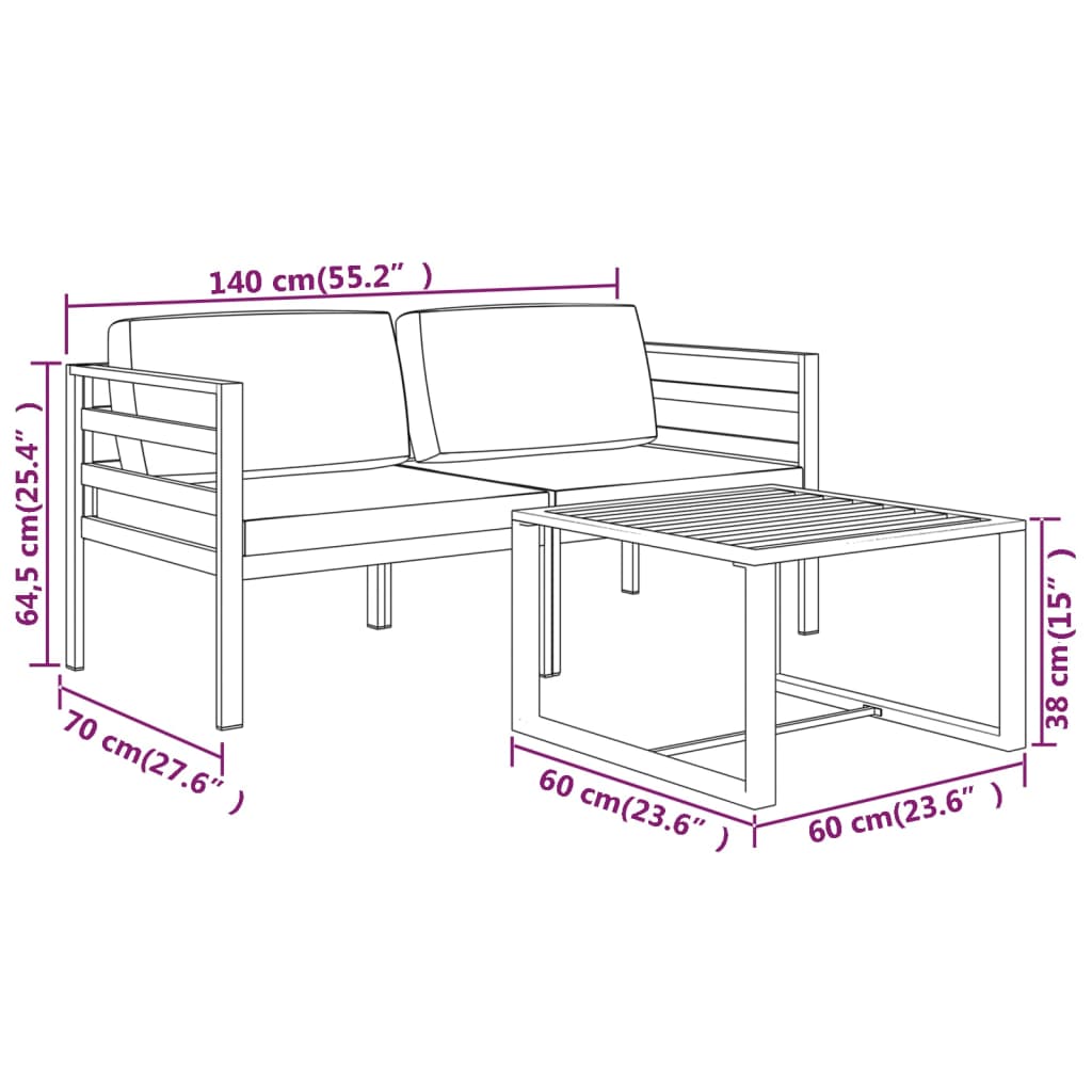 Set Divani da Giardino 3 pz con Cuscini in Alluminio Antracite cod mxl 42136