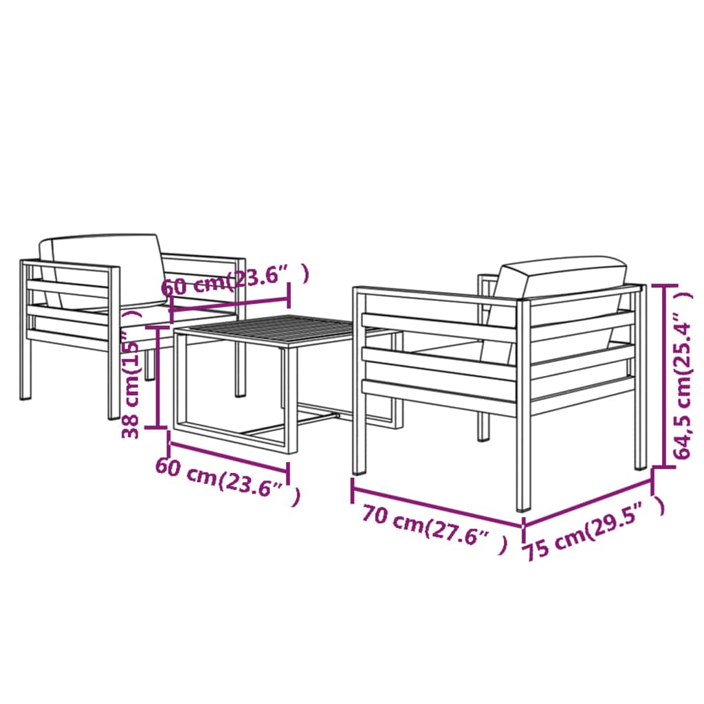 Set Divani da Giardino 3 pz con Cuscini in Alluminio Antracite cod mxl 35920