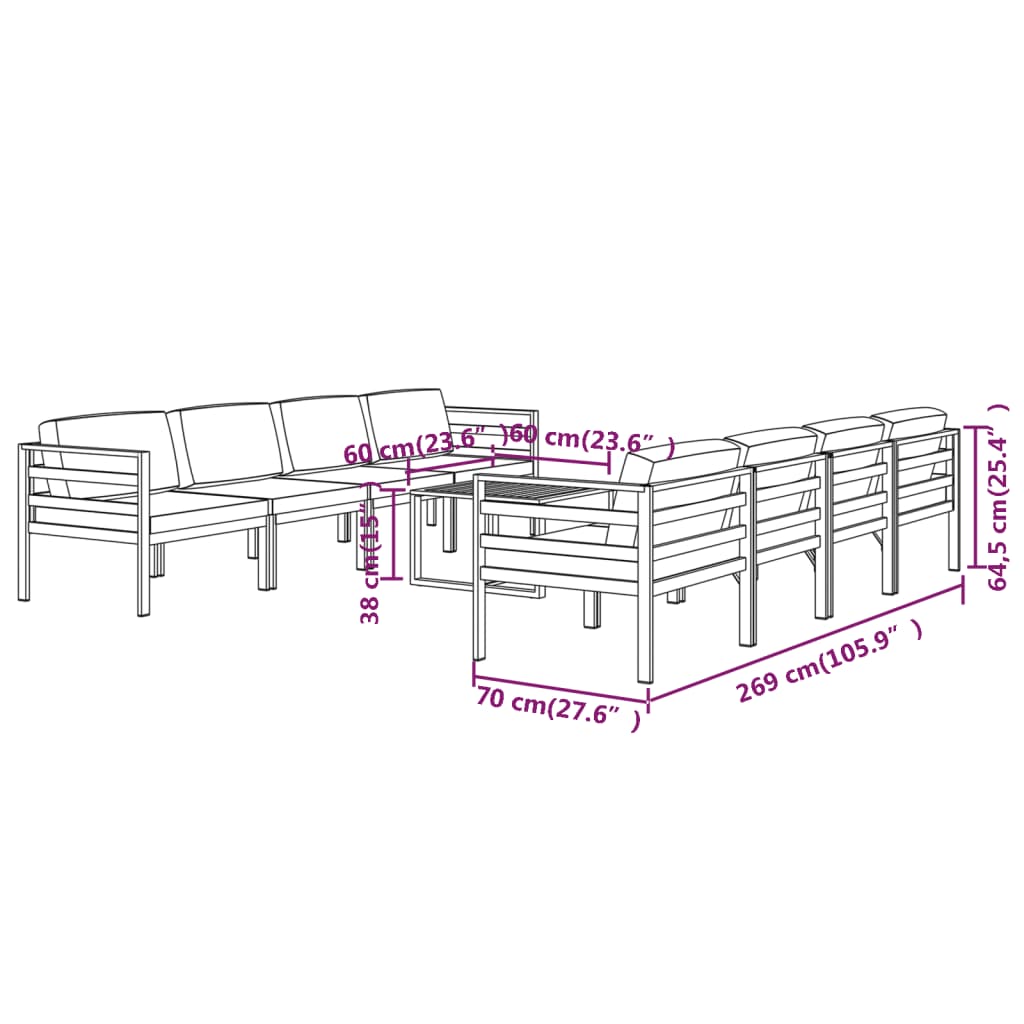 Set Divani da Giardino 9 pz con Cuscini in Alluminio Antracite cod mxl 40799