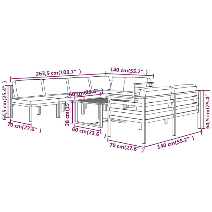 Set Divani da Giardino 8 pz con Cuscini in Alluminio Antracite 3107820