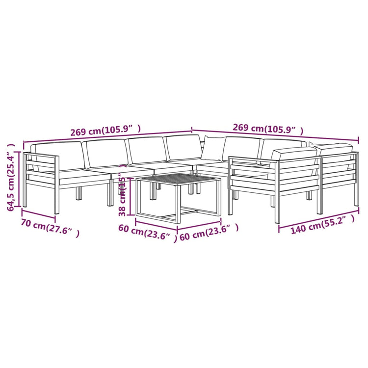 Set Divani da Giardino 9 pz con Cuscini in Alluminio Antracite cod mxl 40797