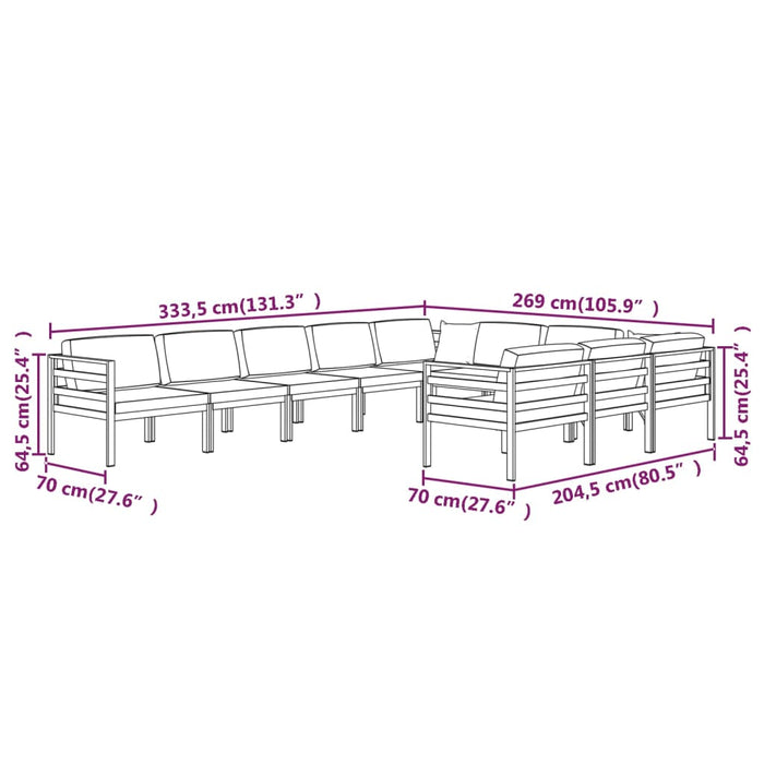 Set Divani da Giardino 10 pz con Cuscini in Alluminio Antracite 3107825