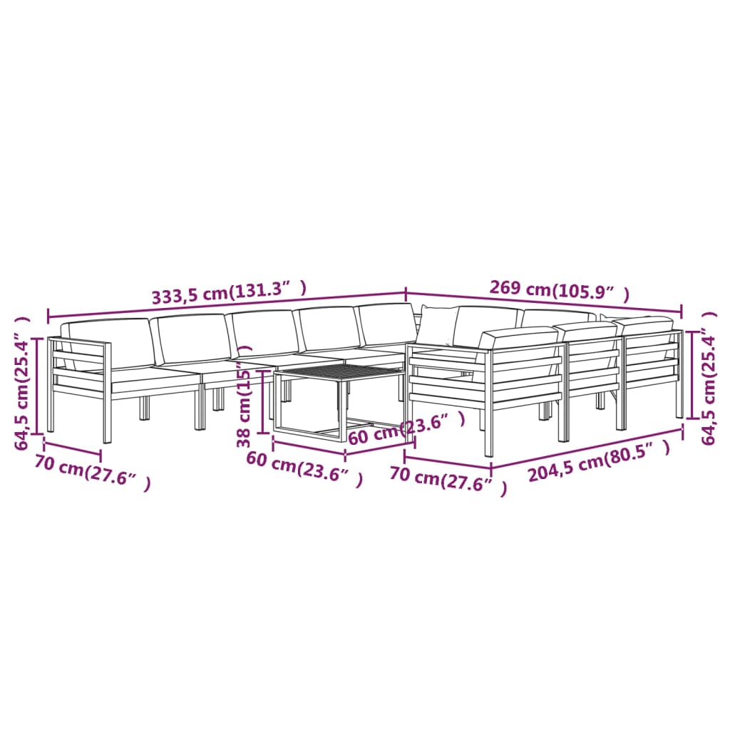 Set Divani da Giardino 11 pz con Cuscini in Alluminio Antracite cod mxl 35669