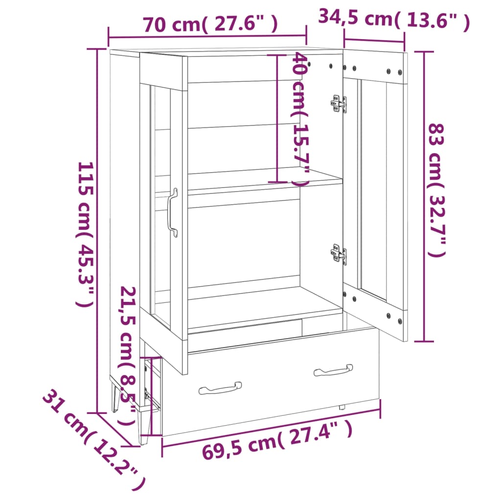 Credenza Nera 70x31x115 cm in Legno Multistrato 812547