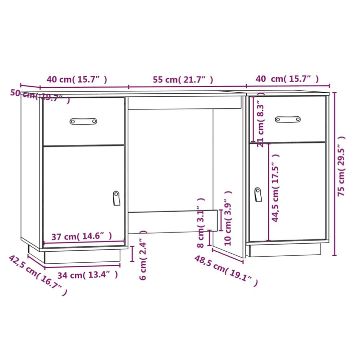 Scrivania con Armadietti Bianco 135x50x75cm Legno Massello Pino