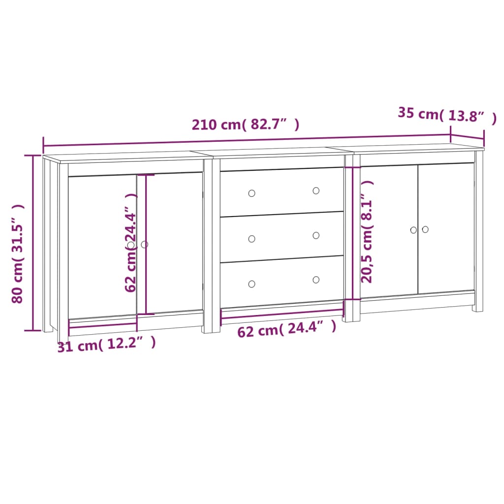 Credenza Bianca 210x35x80 cm in Legno Massello di Pino cod mxl 13906