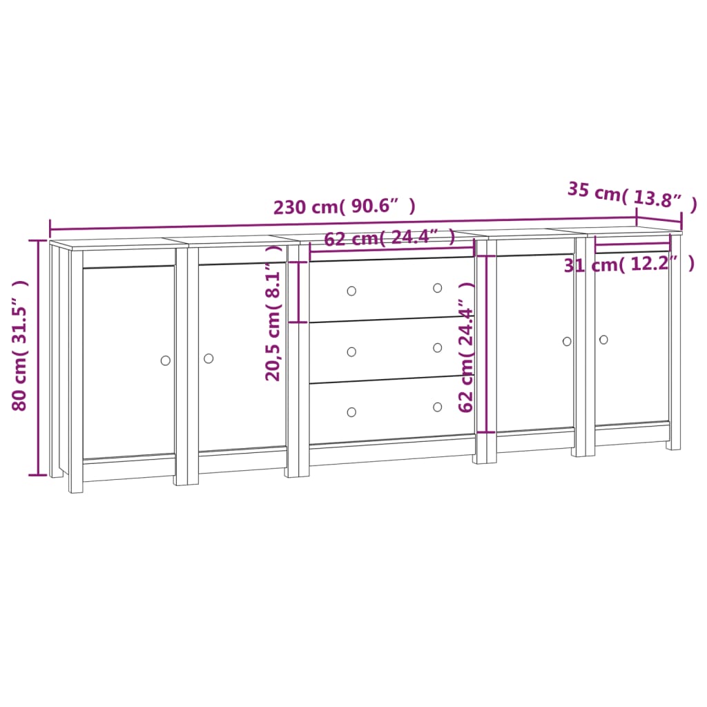 Credenza Nera 230x35x80 cm in Legno Massello di Pino