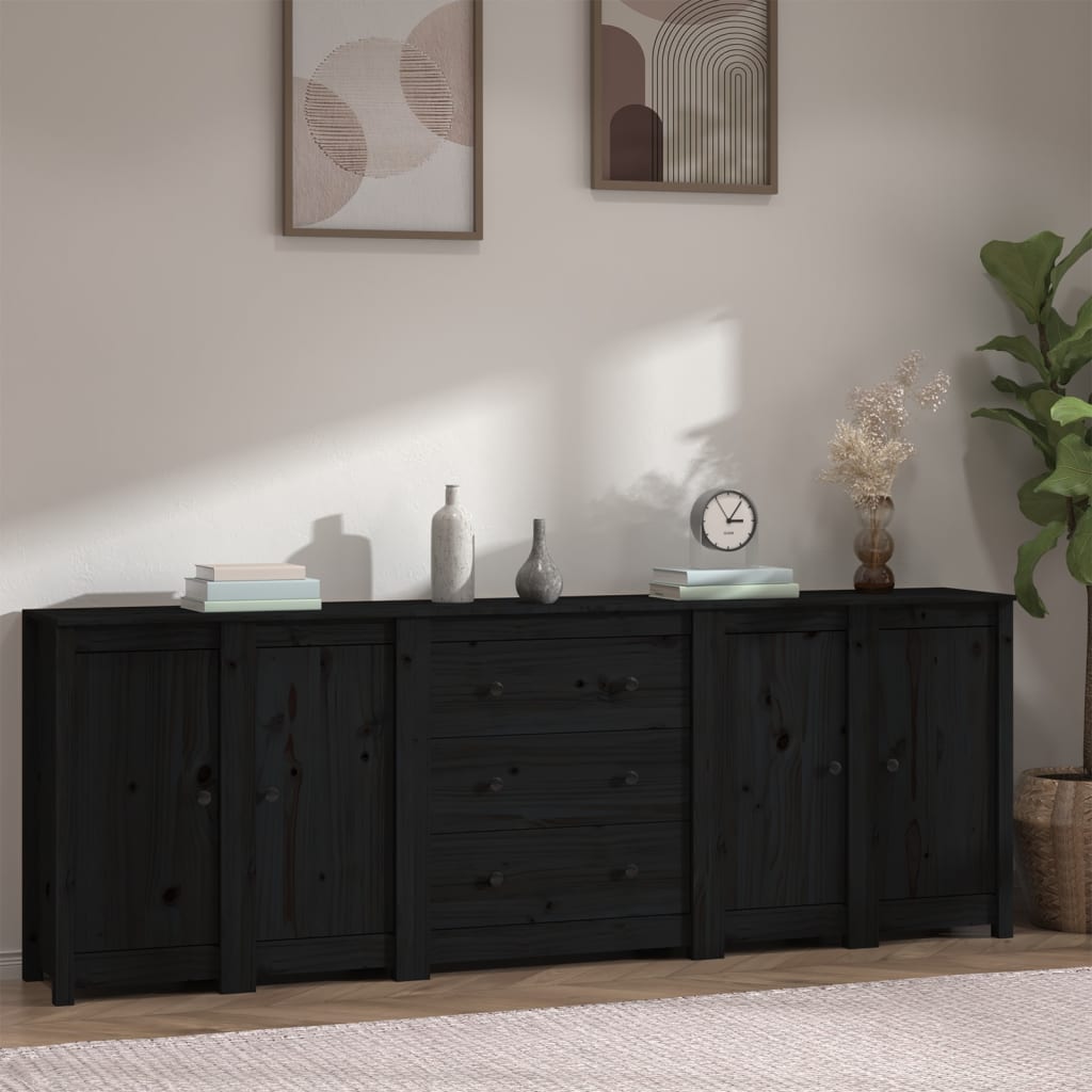 Credenza Nera 230x35x80 cm in Legno Massello di Pino