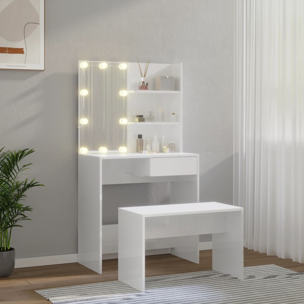 Set Tavolo da Toeletta Bianco Lucido con LED Legno Multistrato 3114111