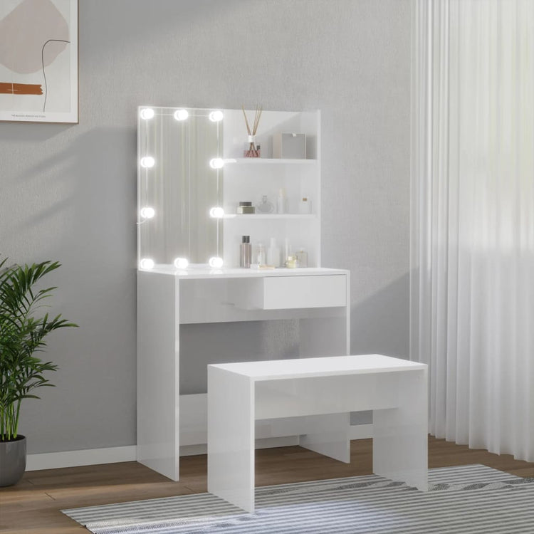 Set Tavolo da Toeletta Bianco Lucido con LED Legno Multistrato