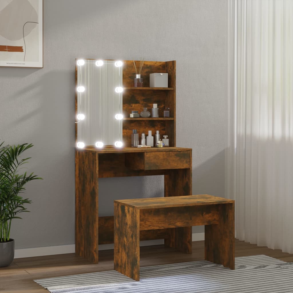 Set Tavolo da Toeletta con LED Rovere Fumo in Legno Multistrato 3114112