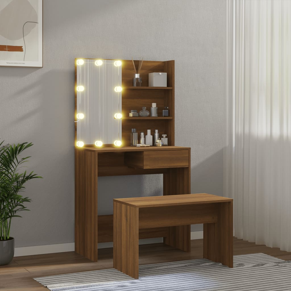 Set Tavolo da Toeletta con LED Rovere Marrone Legno Multistrato 3114114