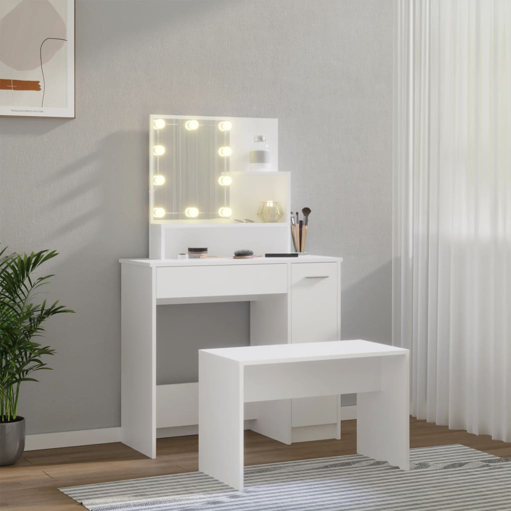 Set Tavolo da Toeletta Bianco con LED in Legno Multistrato