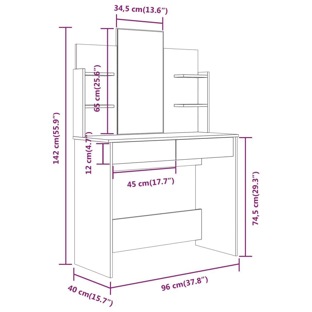 Set Tavolo da Toeletta Sonoma 96x40x142 cm cod mxl 58461