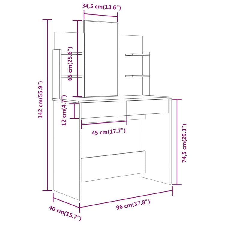 Set Tavolo da Toeletta Sonoma 96x40x142 cm cod mxl 58461