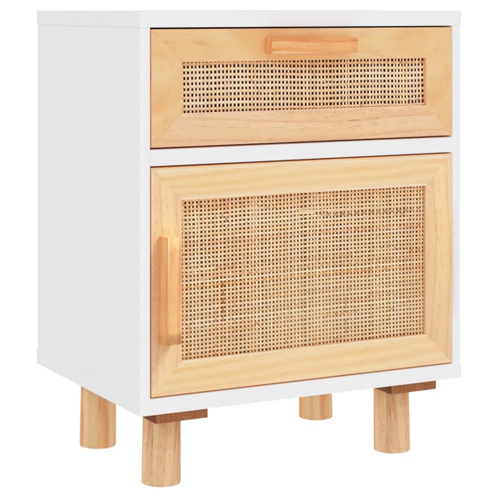 Comodino Bianco in Legno Massello di Pino e Rattan Naturalecod mxl 125977